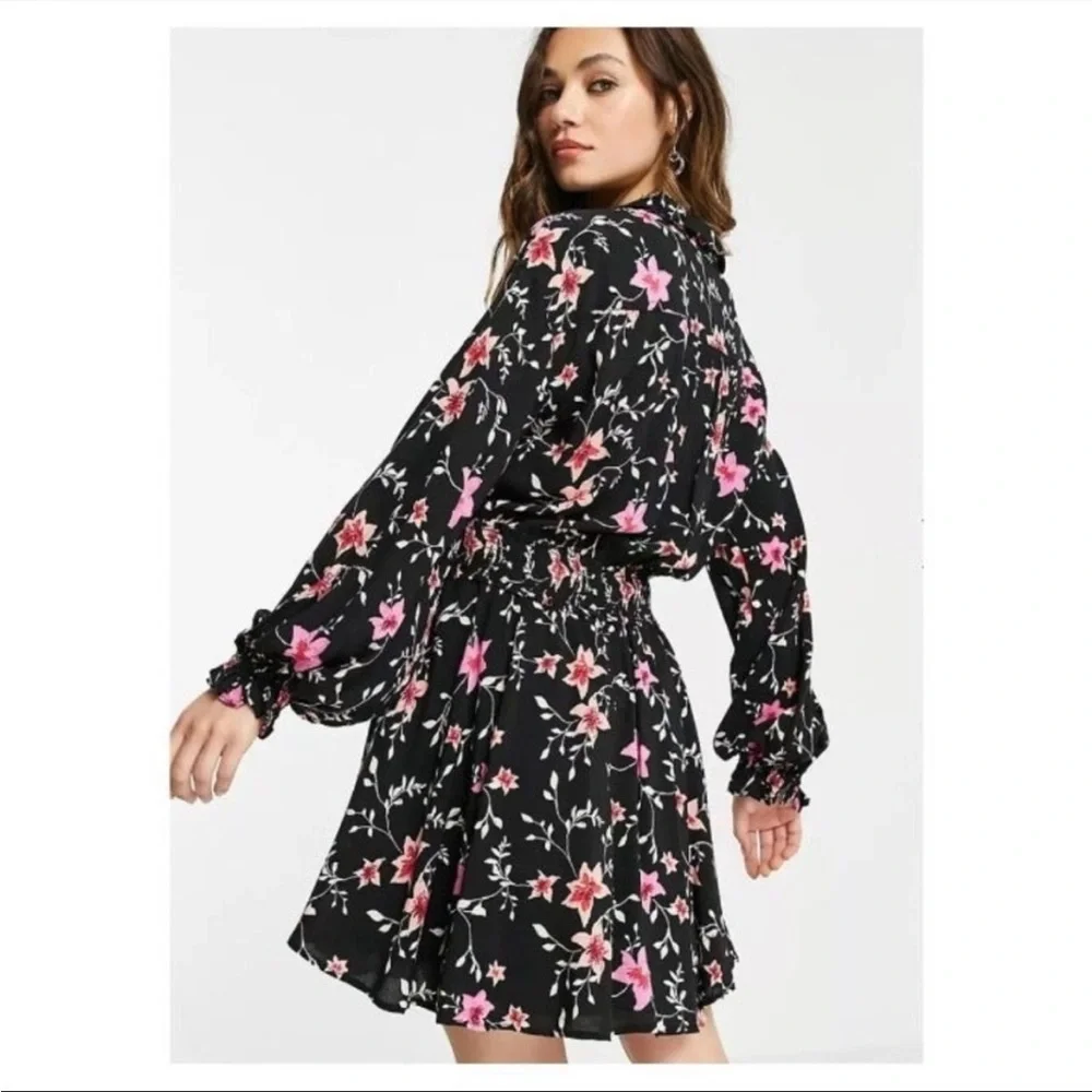 Free People Lighten Up Black Floral Button Down Tie Waist Mini Dress Size‎ Small